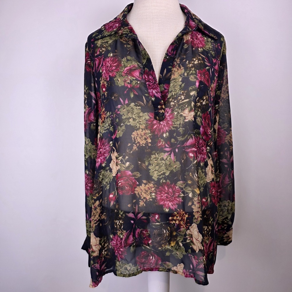 Pleione Women's Popover Blouse Top M Floral Long Sleeve Collar Sheer Romantic - Picture 2 of 11